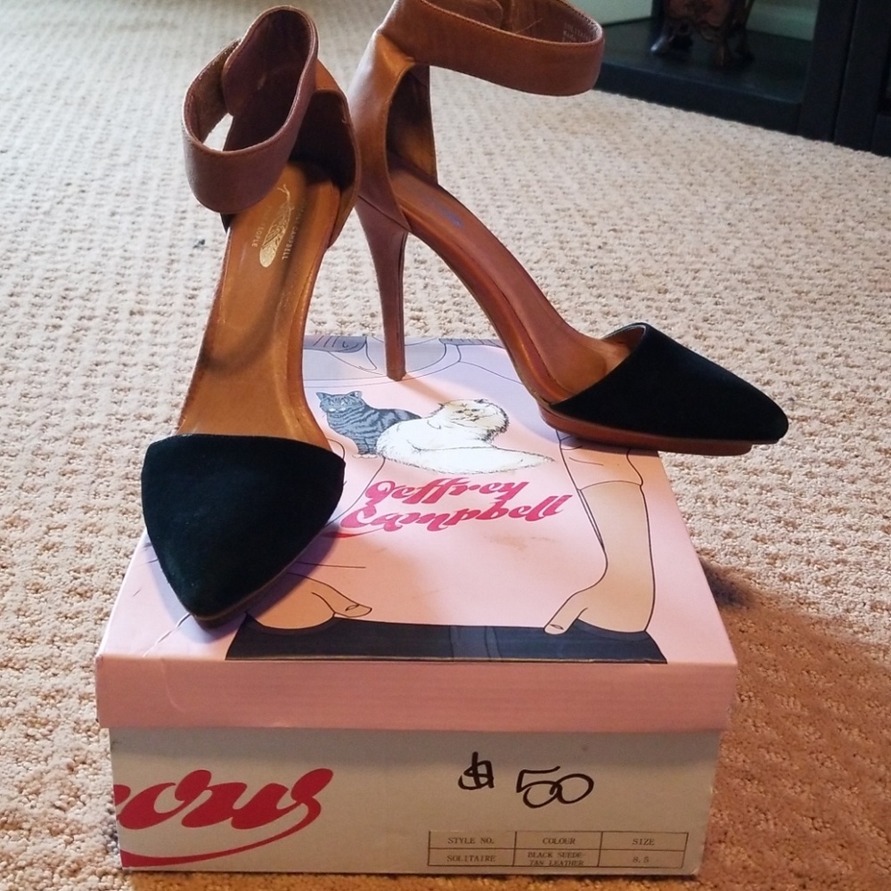 Jeffery Campbell black suede/tan leather heels